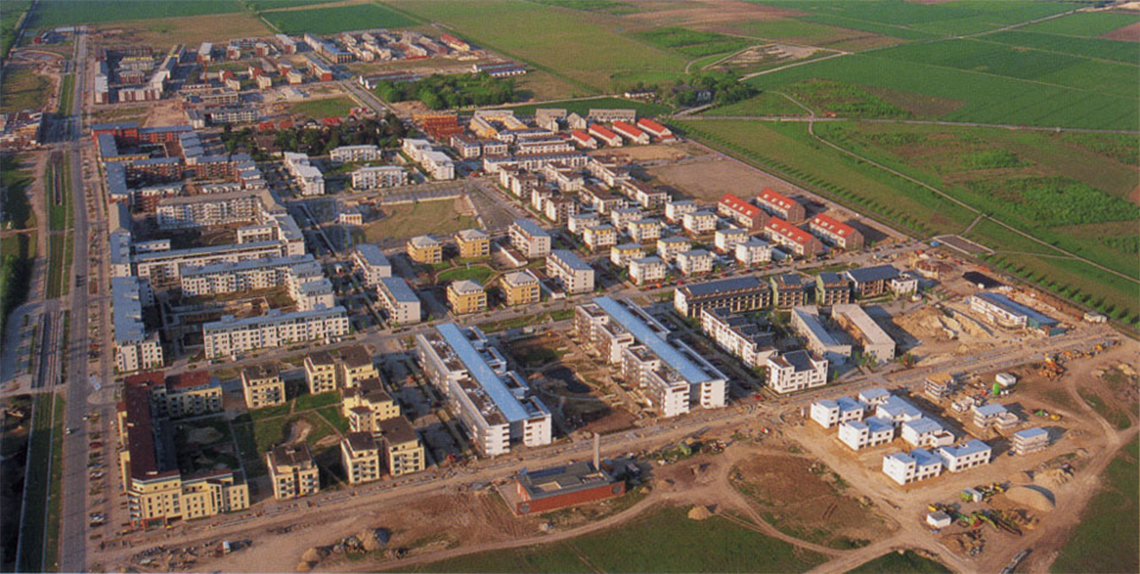 Luftbild der neu errichteten Wohnblöcke
